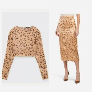 Zara Women's Cropped Top & Midi Skirt Set Floral Satin Fashion Party 2-PC S